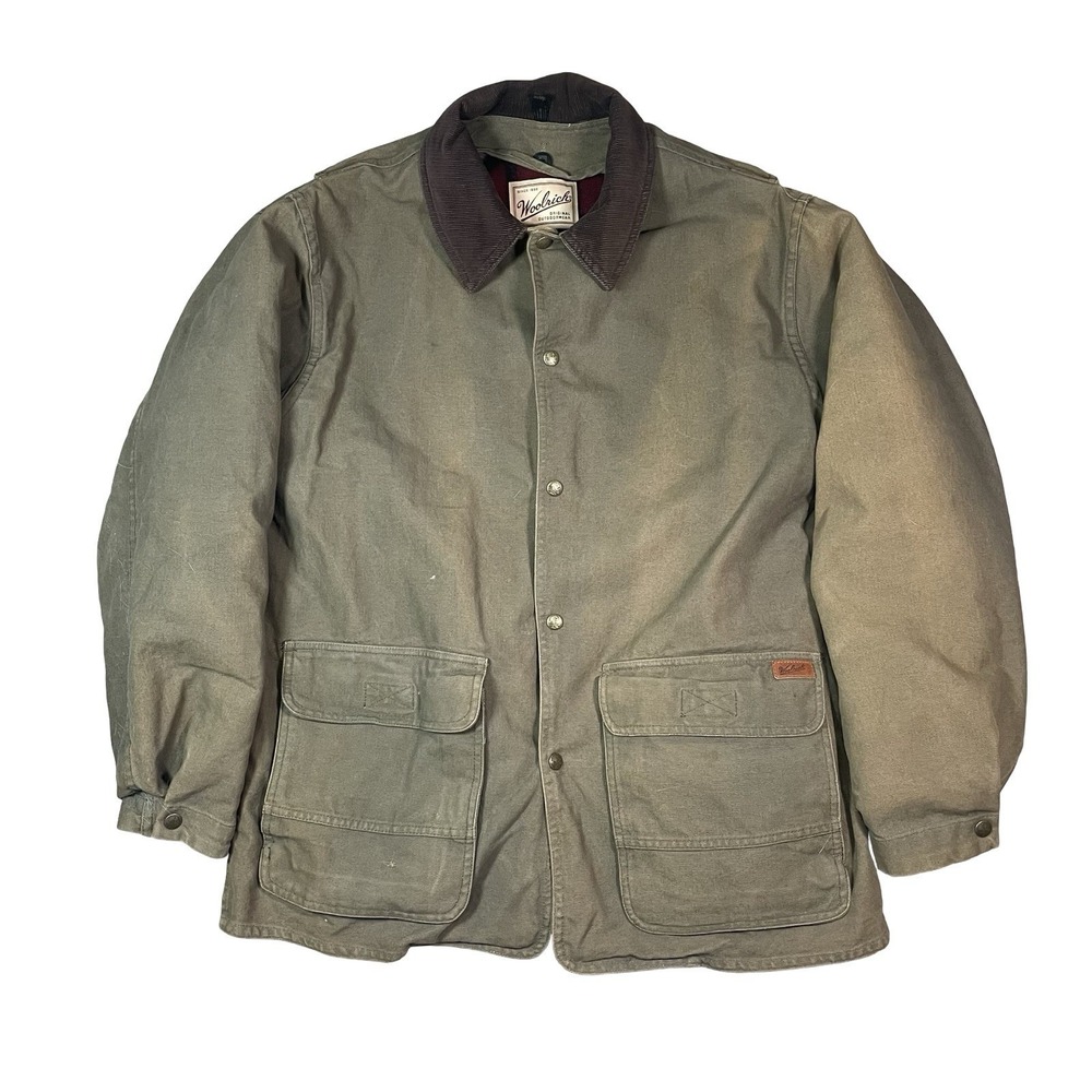 Woolrich Canvas Jacket Mens M Wool Flannel Lined Chore Coat Green Vtg USA - Picture 1 of 15